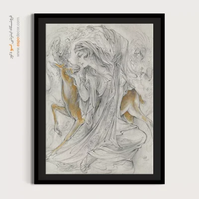 طراحی آهو، پیوند طبیعت، مهربانی، تک‌رنگ، آهوی طلایی - مطالعه 2 – تابلو نقاشی های استاد فرشچیان - اسپو دکور