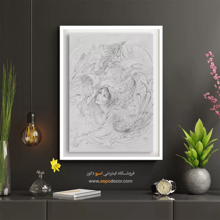 فرشته اقتدار، سَروَری، قدرت معنوی، سیاه قلم، رسمی - مطالعه 3 – تابلو نقاشی های استاد فرشچیان - اسپو دکور