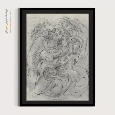 پیوند روحی، راز مگو، ارتباط عاطفی، سیاه قلم، عشق - مطالعه 7 – تابلو نقاشی های استاد فرشچیان - اسپو دکور