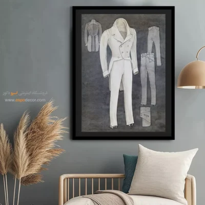 تابلو طراحی لباس زنانه فانتزی برای بوتیک لباس - کت و شلوار تاجر قند – تابلو فشن - اسپو دکور