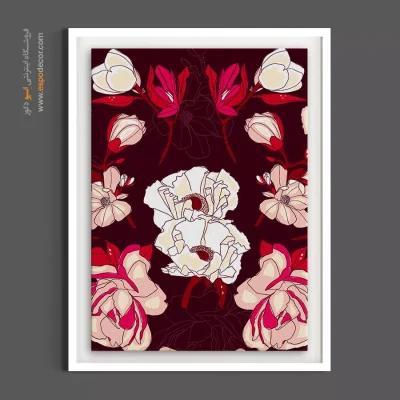 تابلو رنگ زرشکی و سفید - پترن مگنولیا زرشکی – تابلو گل - اسپو دکور