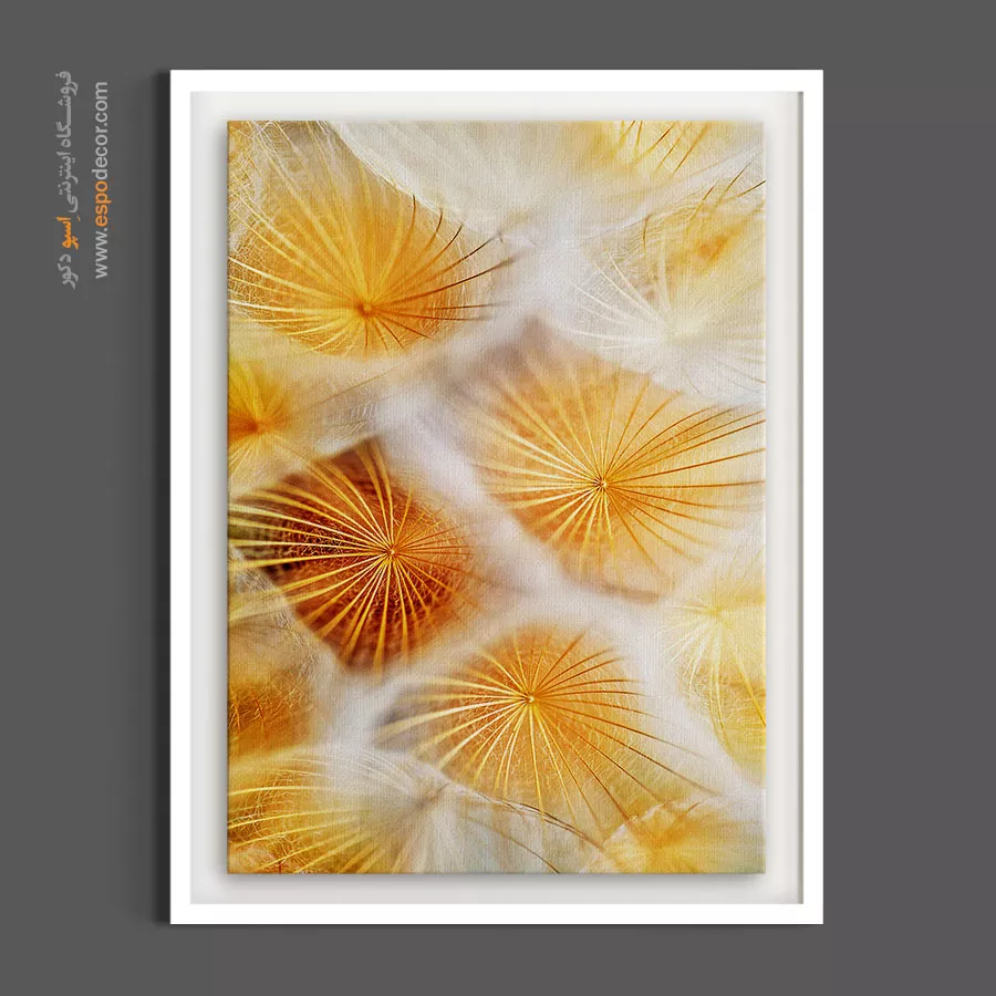 تابلو سفید و زرد - پرتوهای طلایی قاصدک – تابلو گل - اسپو دکور
