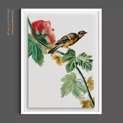 تابلو برای کنج‌ دنج - پرنده و گل ختمی – تابلو گل - اسپو دکور