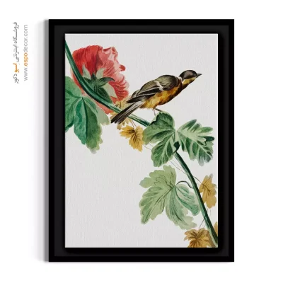 تابلو برای کنج‌ دنج - پرنده و گل ختمی – تابلو گل - اسپو دکور