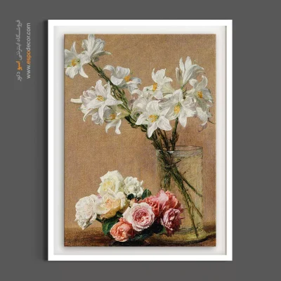 خرید تابلو سالن‌ پذیرایی کلاسیک - گلدان سوسن سفید و رزها – تابلو گل - اسپو دکور