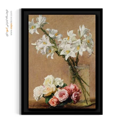 خرید تابلو سالن‌ پذیرایی کلاسیک - گلدان سوسن سفید و رزها – تابلو گل - اسپو دکور
