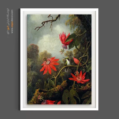 تابلو طبیعت وحشی - مرغ مگس‌خوار و گل‌های ساعتی – تابلو گل - اسپو دکور