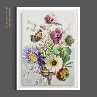 تابلو نقاشی آبرنگ - گلدان گل‌های تابستانی و پروانه – تابلو گل - اسپو دکور