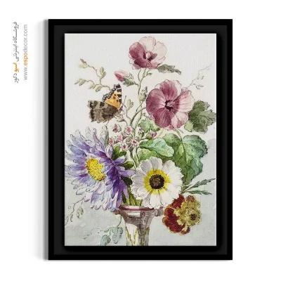 تابلو نقاشی آبرنگ - گلدان گل‌های تابستانی و پروانه – تابلو گل - اسپو دکور