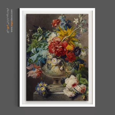 تابلو موزه ای - دسته‌گل در گلدان سنگی – تابلو گل - اسپو دکور
