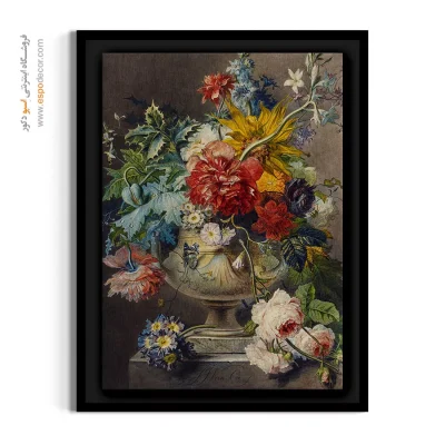 تابلو موزه ای - دسته‌گل در گلدان سنگی – تابلو گل - اسپو دکور