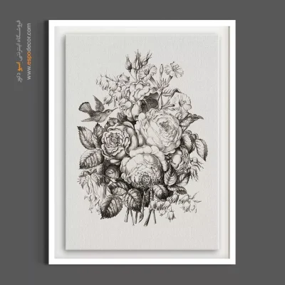 تابلو با پالت رنگی خنثی - دسته‌گل و مرغ مگس‌خوار – تابلو گل - اسپو دکور