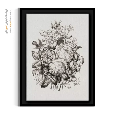 تابلو با پالت رنگی خنثی - دسته‌گل و مرغ مگس‌خوار – تابلو گل - اسپو دکور