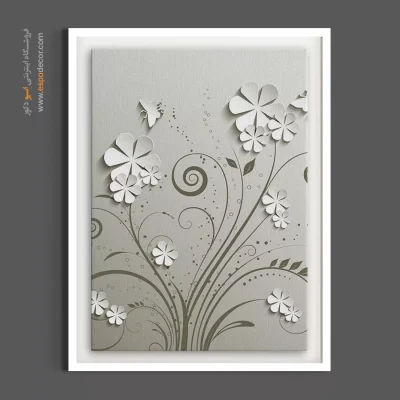 خرید تابلو بوم مینیمال سفید - گل های کاغذی و اسلیمی – تابلو گل - اسپو دکور