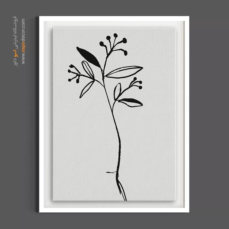 تابلو نقاشی خطی سیاه و سفید - شاخه گیاه خطی – تابلو گل - اسپو دکور