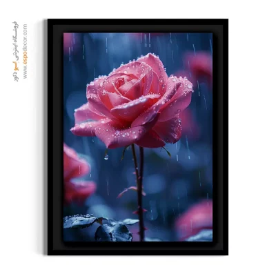 تابلو مدرن با تم آبی و صورتی - رز صورتی زیر باران – تابلو گل - اسپو دکور