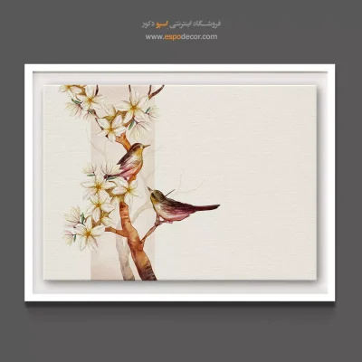 خرید تابلو دکوراتیو شکوفه آبرنگی - پرنده روی شاخه شکوفه – تابلو گل - اسپو دکور