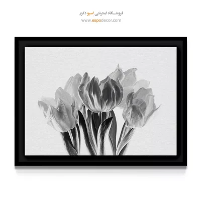 تابلو سیاه و سفید مینیمال - دسته‌گل لاله – تابلو گل - اسپو دکور