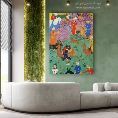 نقاشی سنتی قاب شده - رقص شتر عابد – تابلو نقاشی های بوستان و گلستان سعدی - اسپو دکور