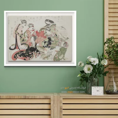 خرید هنر سنتی - شش زن دور یک قفس پرنده نشسته اند – تابلو نقاشی هوکوسای - اسپو دکور