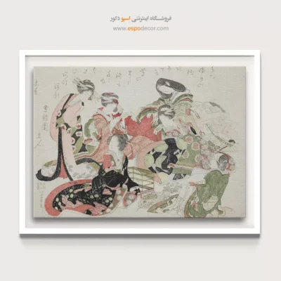 خرید هنر سنتی - شش زن دور یک قفس پرنده نشسته اند – تابلو نقاشی هوکوسای - اسپو دکور