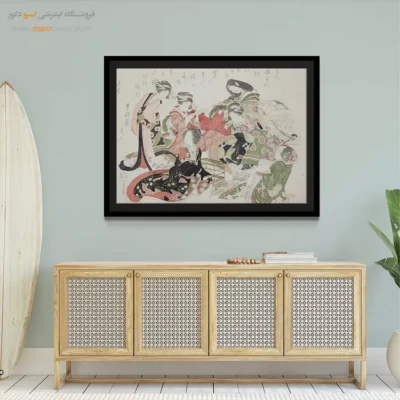 خرید هنر سنتی - شش زن دور یک قفس پرنده نشسته اند – تابلو نقاشی هوکوسای - اسپو دکور