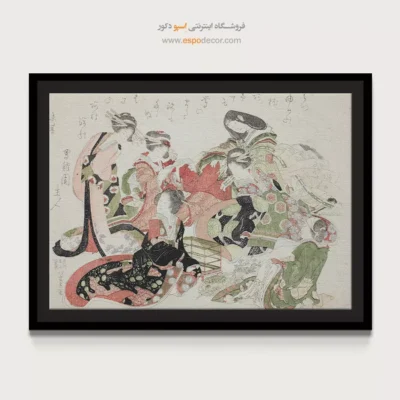 خرید هنر سنتی - شش زن دور یک قفس پرنده نشسته اند – تابلو نقاشی هوکوسای - اسپو دکور