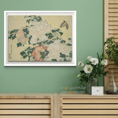 خرید تابلو بوم ضد آب - گل و پروانه – تابلو نقاشی هوکوسای - اسپو دکور