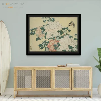 خرید تابلو بوم ضد آب - گل و پروانه – تابلو نقاشی هوکوسای - اسپو دکور