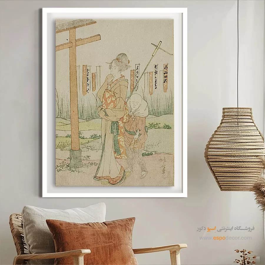 تابلو برای هدیه دوست - یک زن و یک پسر در معبد – تابلو نقاشی هوکوسای - اسپو دکور