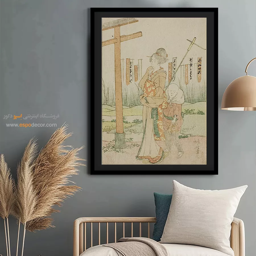 تابلو برای هدیه دوست - یک زن و یک پسر در معبد – تابلو نقاشی هوکوسای - اسپو دکور