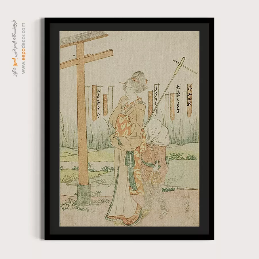 تابلو برای هدیه دوست - یک زن و یک پسر در معبد – تابلو نقاشی هوکوسای - اسپو دکور