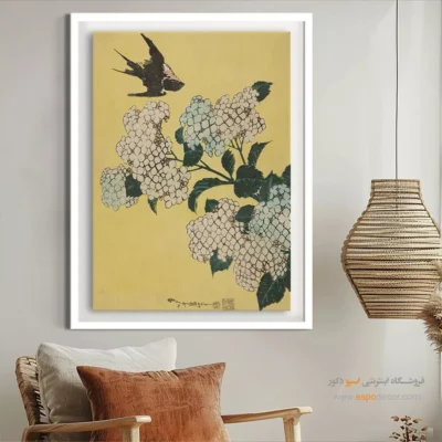 تابلو بوم فانتزی - گل ادریسی و پرستو – تابلو نقاشی هوکوسای - اسپو دکور