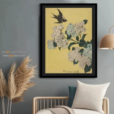 تابلو بوم فانتزی - گل ادریسی و پرستو – تابلو نقاشی هوکوسای - اسپو دکور