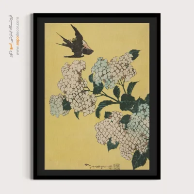 تابلو بوم فانتزی - گل ادریسی و پرستو – تابلو نقاشی هوکوسای - اسپو دکور