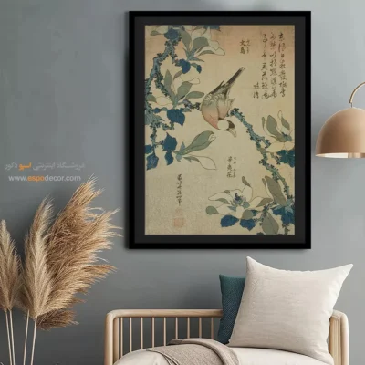 تابلو بوم فاین آرت - پرنده شالیزار و گل مگنولیا – تابلو نقاشی هوکوسای - اسپو دکور