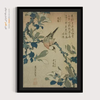 تابلو بوم فاین آرت - پرنده شالیزار و گل مگنولیا – تابلو نقاشی هوکوسای - اسپو دکور