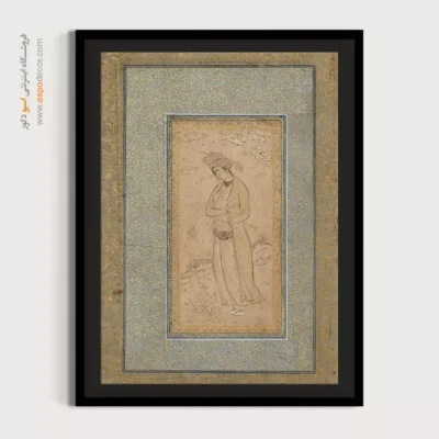 تابلو طرح ایرانی - مرد جوان در منظره ای که یک فنجان و یک میوه در دست دارد – تابلو نقاشی ایرانی - اسپو دکور