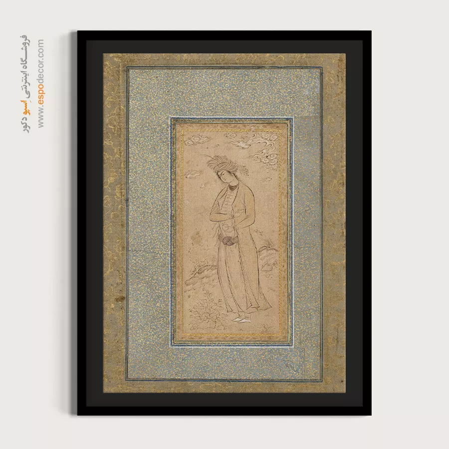 تابلو طرح ایرانی - مرد جوان در منظره ای که یک فنجان و یک میوه در دست دارد – تابلو نقاشی ایرانی - اسپو دکور