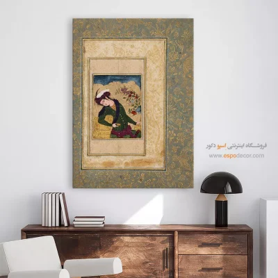 تابلو طرح قدیمی ایرانی - مرد جوان سبز پوش – تابلو نقاشی ایرانی - اسپو دکور