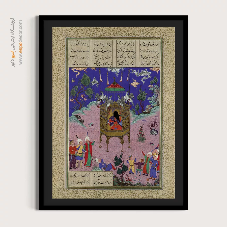 خرید تابلو مینیاتور ایرانی اصل - کیکاووس به آسمان می رود – تابلو نقاشی ایرانی - اسپو دکور