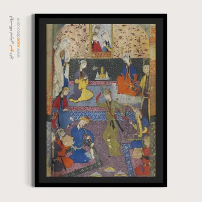 خرید اینترنتی تابلو نگارگری ایرانی - نوازندگان و دختران رقصنده دربار – تابلو نقاشی ایرانی - اسپو دکور