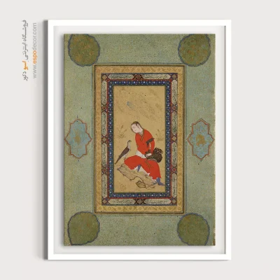 تابلو نگارگری دیواری سنتی - درباری نشسته با شاهین – تابلو نقاشی ایرانی - اسپو دکور