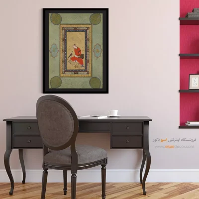 تابلو نگارگری دیواری سنتی - درباری نشسته با شاهین – تابلو نقاشی ایرانی - اسپو دکور