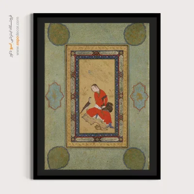 تابلو نگارگری دیواری سنتی - درباری نشسته با شاهین – تابلو نقاشی ایرانی - اسپو دکور