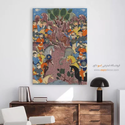 تابلو مینیاتور طرح ایرانی - رویارویی سپاهیان گشتاسپ و ارجاسپ در بلخ – تابلو نقاشی ایرانی - اسپو دکور