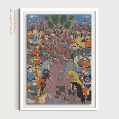 تابلو مینیاتور طرح ایرانی - رویارویی سپاهیان گشتاسپ و ارجاسپ در بلخ – تابلو نقاشی ایرانی - اسپو دکور