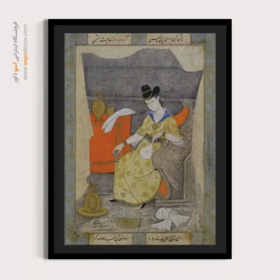 تابلو نقاشی طرح قدیمی - بانو با جامه فرنگی صراحی و جام – تابلو نقاشی ایرانی - اسپو دکور