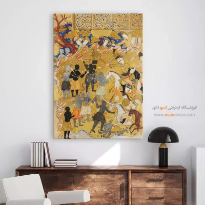 تابلو مینیاتور با رنگ طلایی - پیکار اسکندر با لشگر زنگبار – تابلو نقاشی ایرانی - اسپو دکور