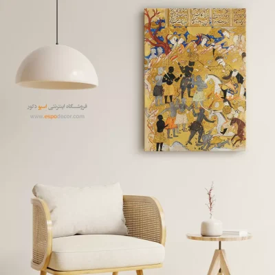 تابلو مینیاتور با رنگ طلایی - پیکار اسکندر با لشگر زنگبار – تابلو نقاشی ایرانی - اسپو دکور